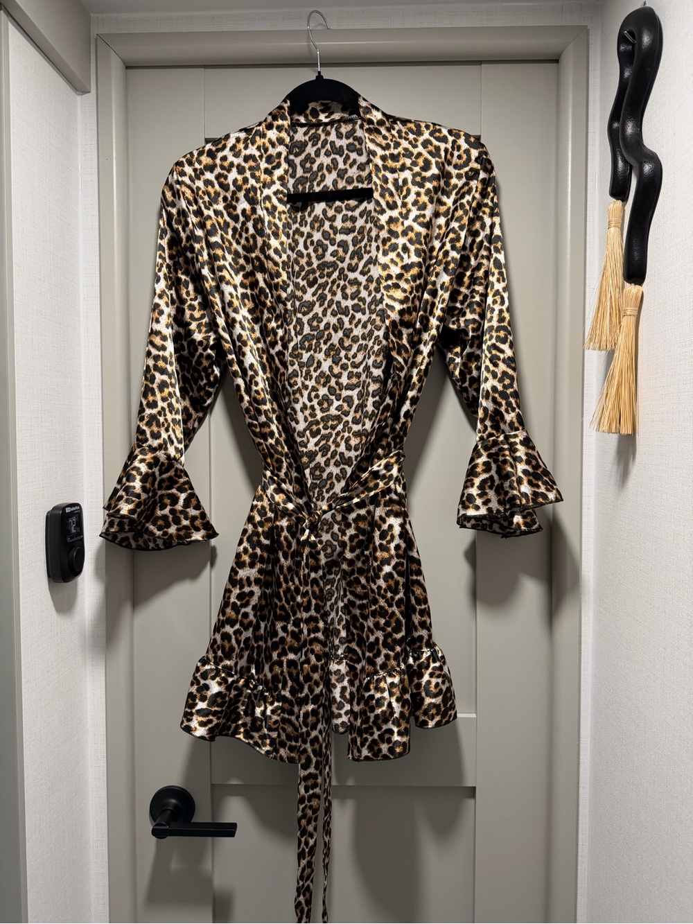 Leopard Satin Wrap Robe with Ruffle Trim - Brown Animal Print